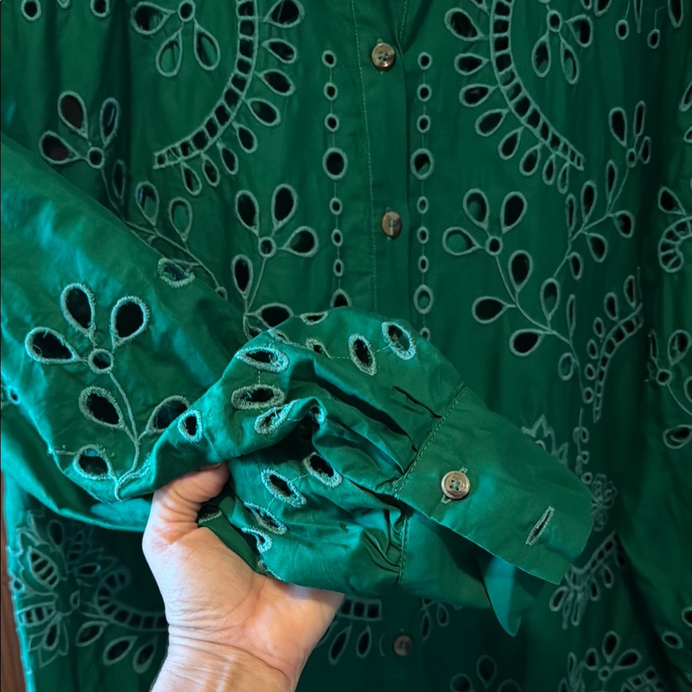 EUC By Anthropologie Green Eyelet Button Down Shirt Mini Dress - Picture 5 of 17